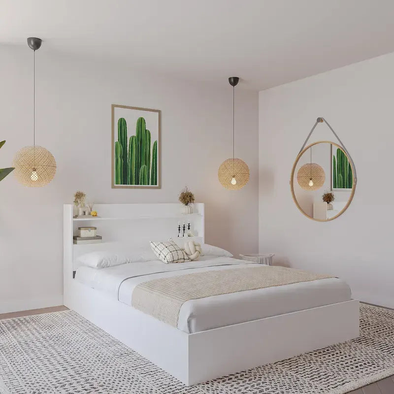 Platform Bed with Bookcase Headboard and Two Drawers