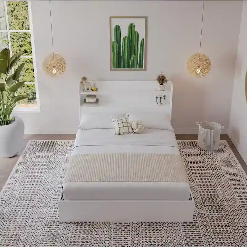 Platform Bed with Bookcase Headboard and Two Drawers
