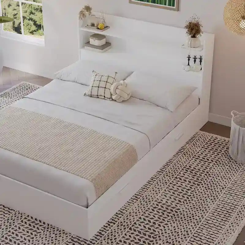 Platform Bed with Bookcase Headboard and Two Drawers