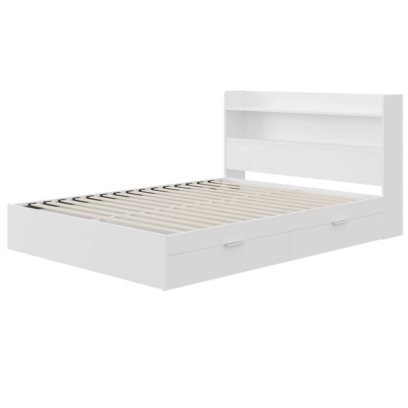 Platform Bed with Bookcase Headboard and Two Drawers