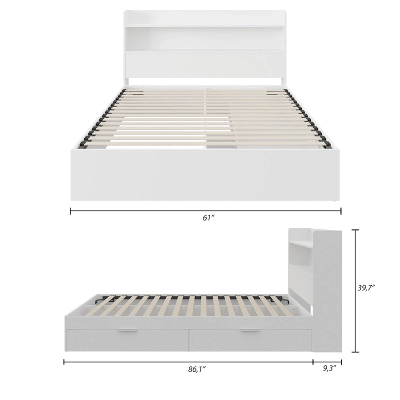 Platform Bed with Bookcase Headboard and Two Drawers