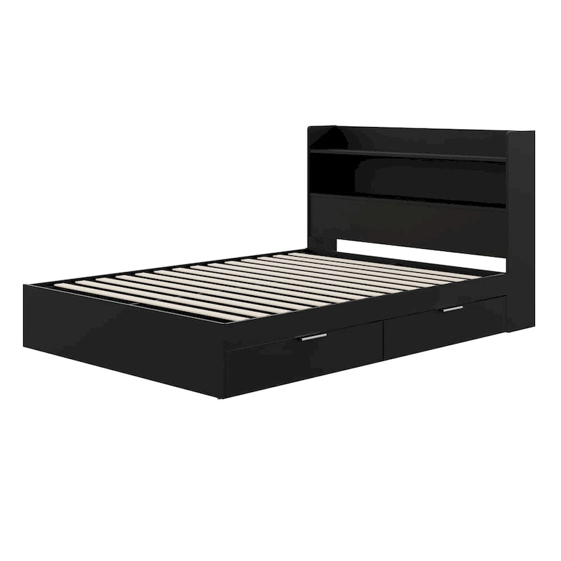 Platform Bed with Bookcase Headboard and Two Drawers
