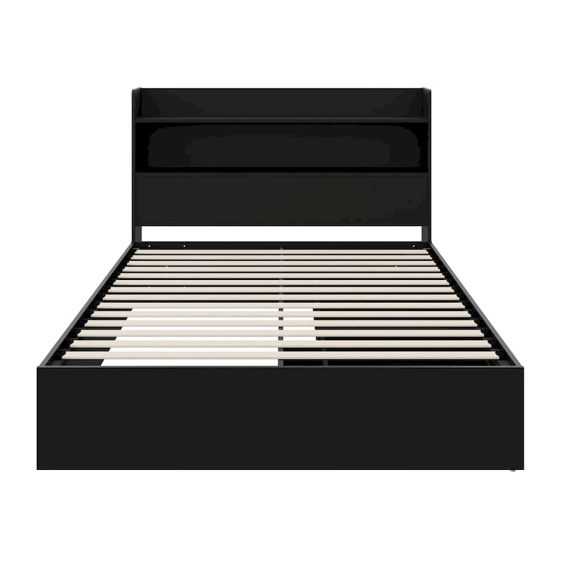 Platform Bed with Bookcase Headboard and Two Drawers