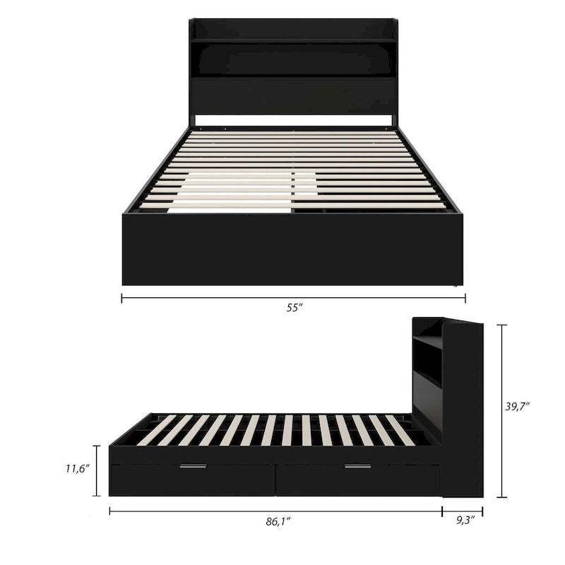 Platform Bed with Bookcase Headboard and Two Drawers
