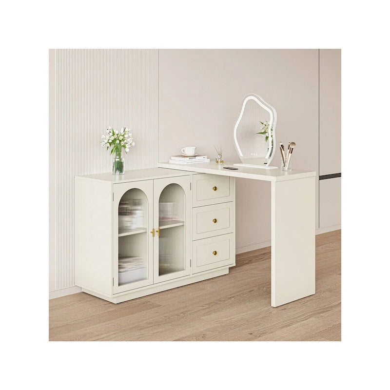 Coiffeuse d'angle extensible avec tiroirs et placard, sans miroir
