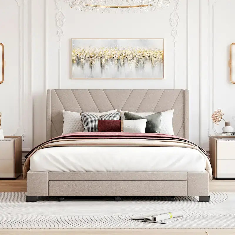 Queen Linen Upholstered Platform Bed with Padded Headboard