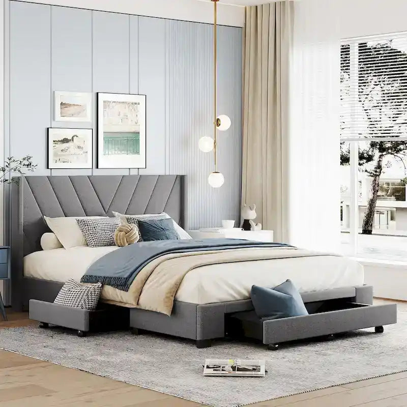 Queen Linen Upholstered Platform Bed with Padded Headboard