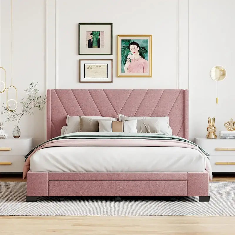Queen Linen Upholstered Platform Bed with Padded Headboard