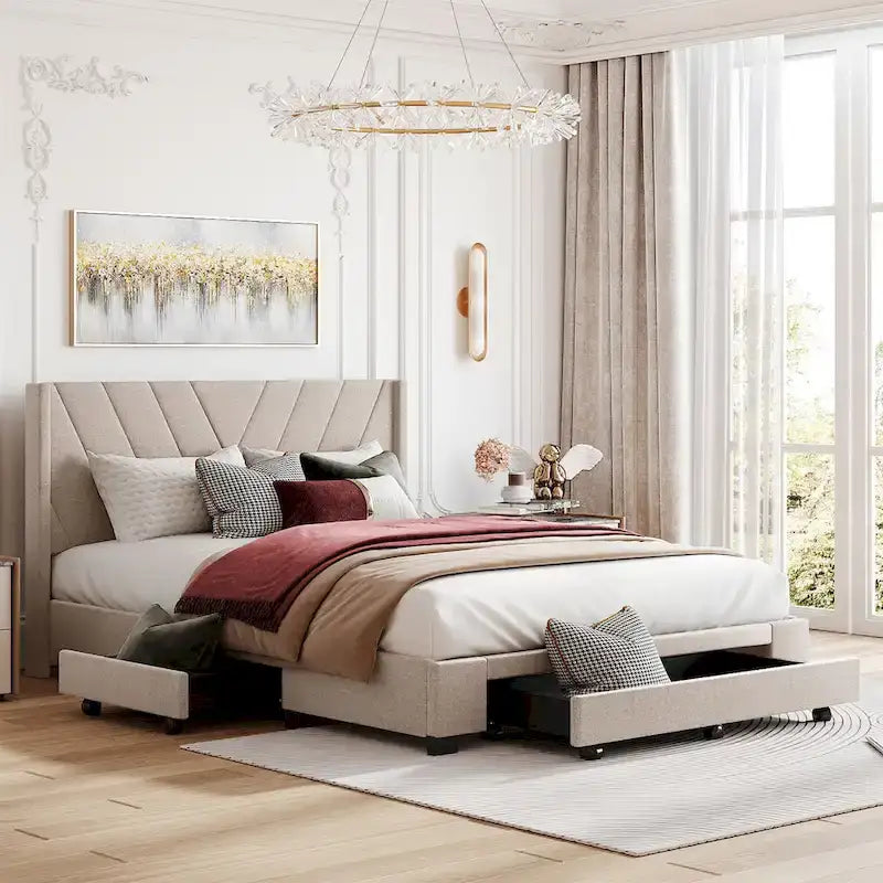 Queen Linen Upholstered Platform Bed with Padded Headboard