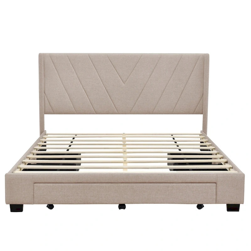 Queen Linen Upholstered Platform Bed with Padded Headboard