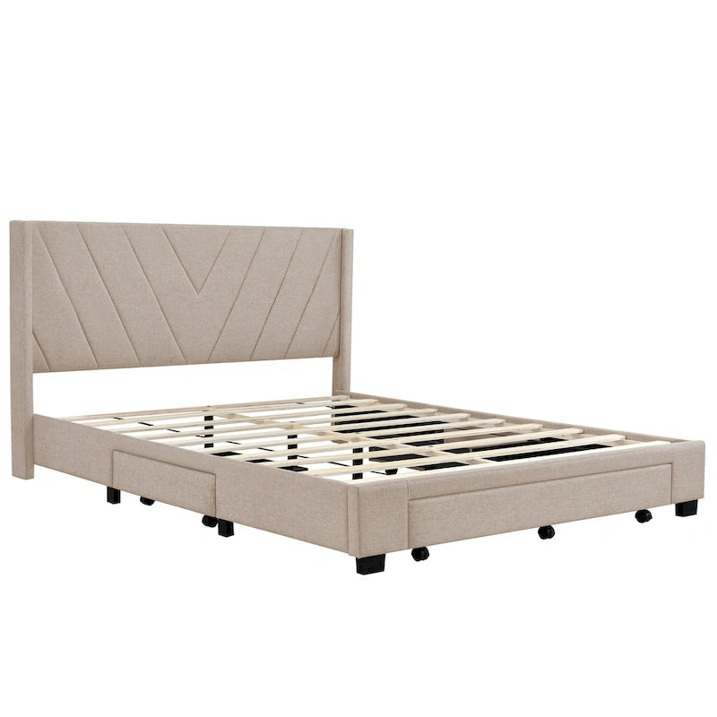 Queen Linen Upholstered Platform Bed with Padded Headboard