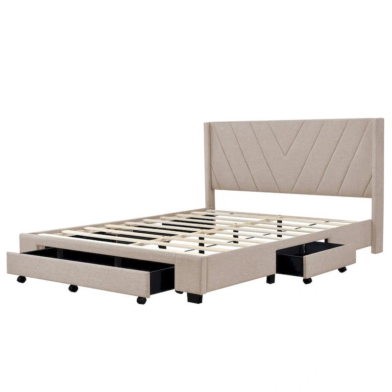 Queen Linen Upholstered Platform Bed with Padded Headboard