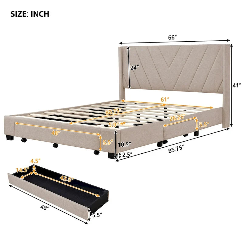 Queen Linen Upholstered Platform Bed with Padded Headboard