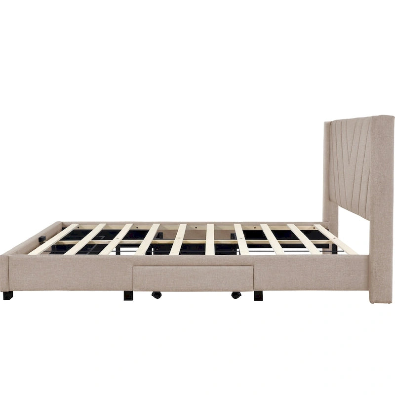 Queen Linen Upholstered Platform Bed with Padded Headboard