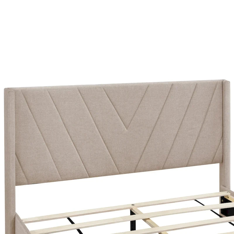 Queen Linen Upholstered Platform Bed with Padded Headboard