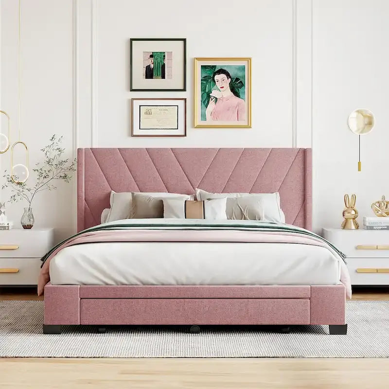 Queen Linen Upholstered Platform Bed with Padded Headboard