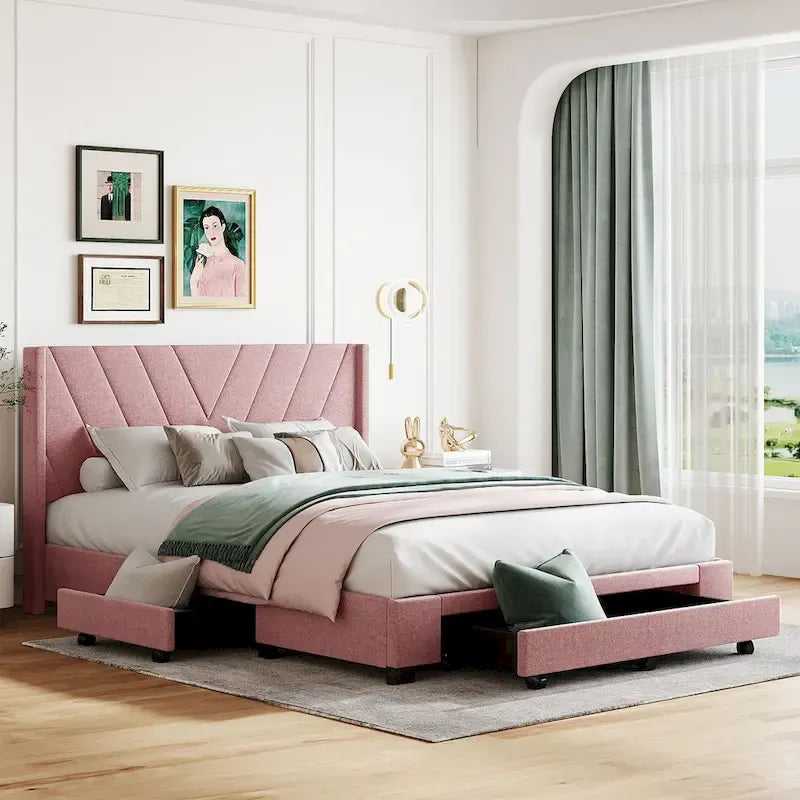 Queen Linen Upholstered Platform Bed with Padded Headboard