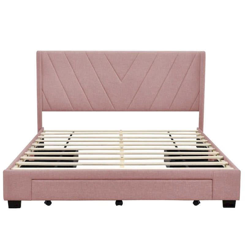 Queen Linen Upholstered Platform Bed with Padded Headboard