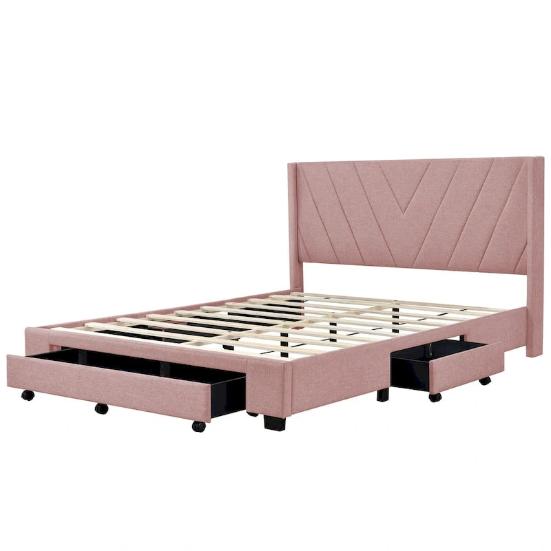 Queen Linen Upholstered Platform Bed with Padded Headboard
