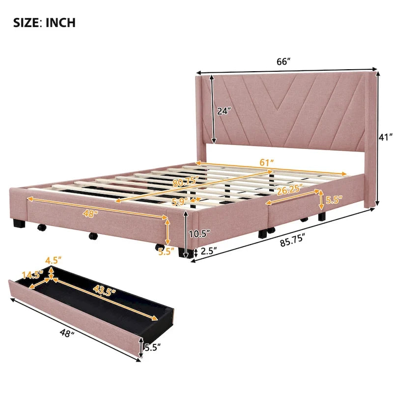 Queen Linen Upholstered Platform Bed with Padded Headboard