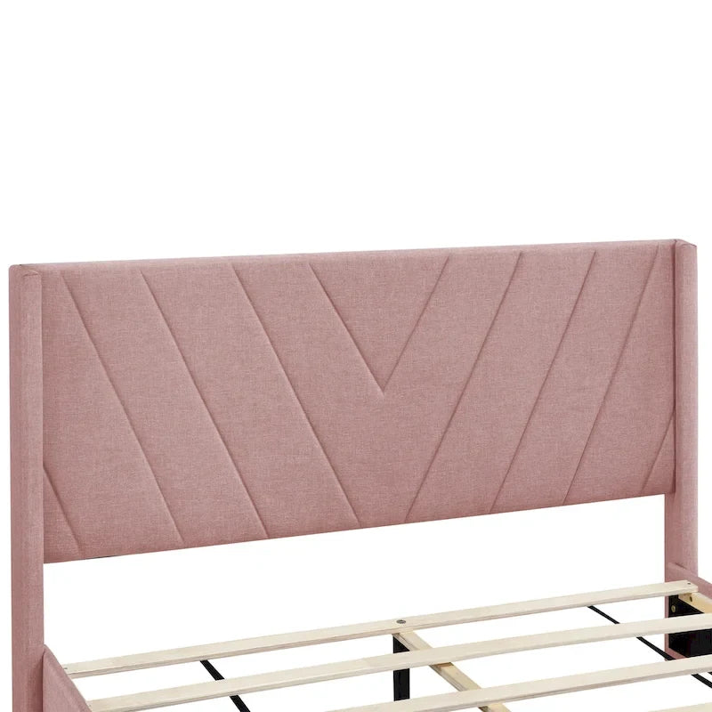 Queen Linen Upholstered Platform Bed with Padded Headboard