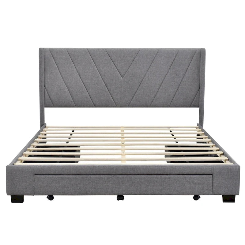 Queen Linen Upholstered Platform Bed with Padded Headboard