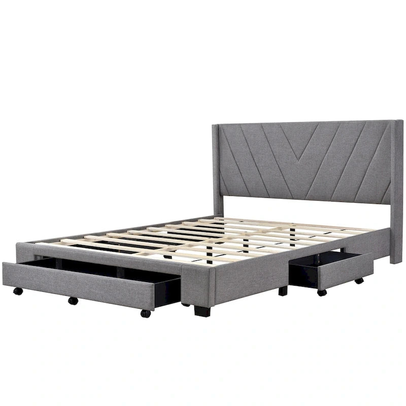 Queen Linen Upholstered Platform Bed with Padded Headboard