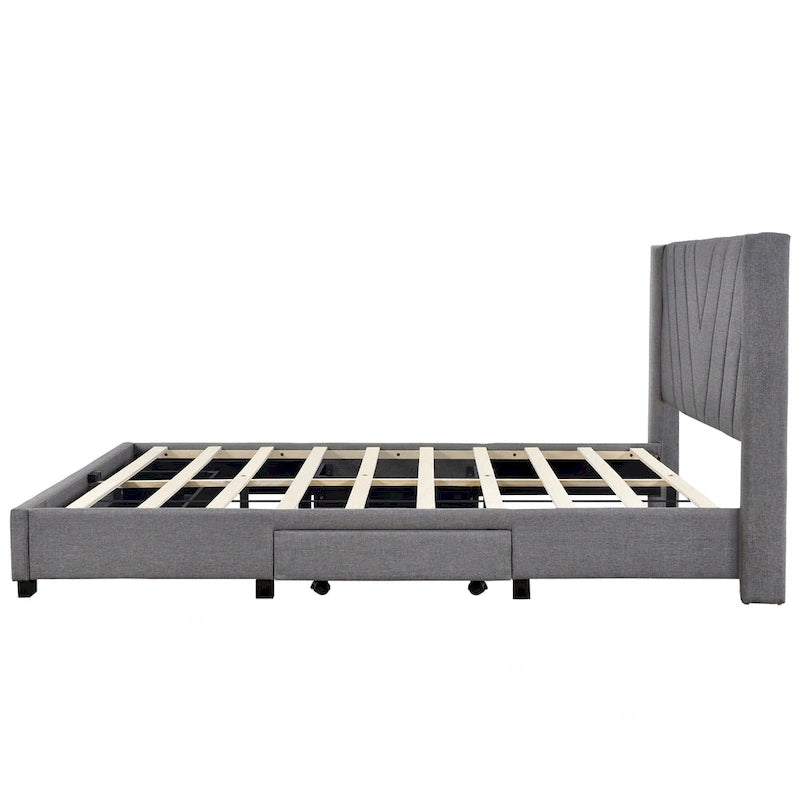 Queen Linen Upholstered Platform Bed with Padded Headboard