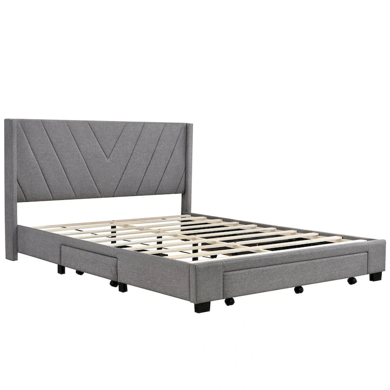 Queen Linen Upholstered Platform Bed with Padded Headboard