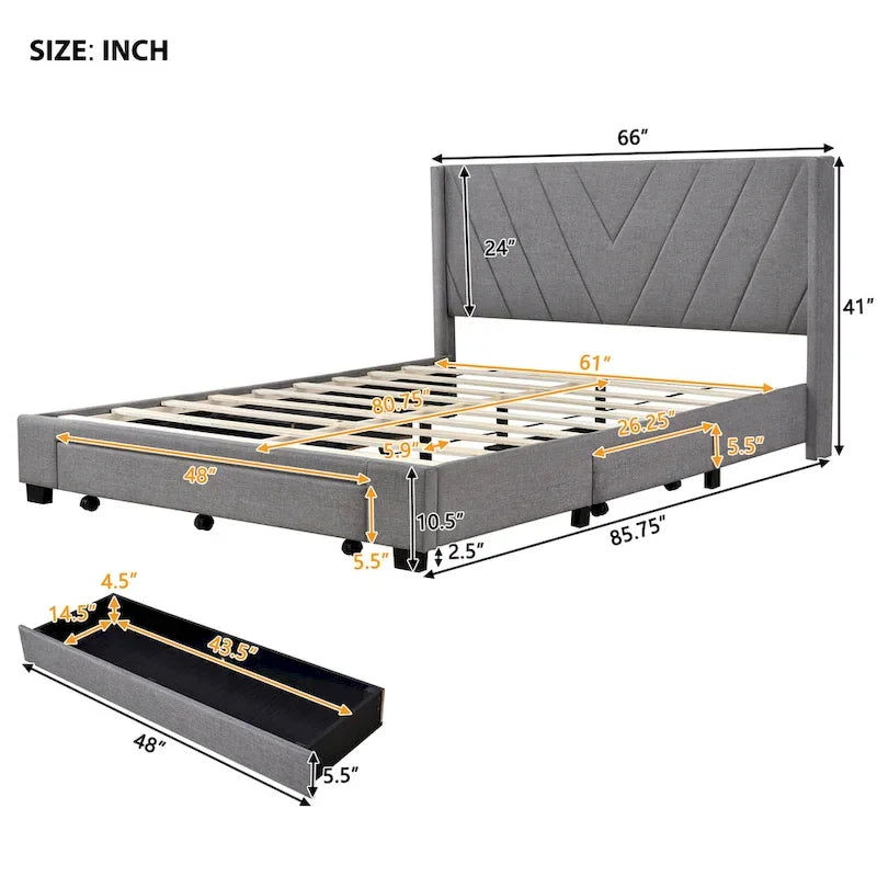 Queen Linen Upholstered Platform Bed with Padded Headboard