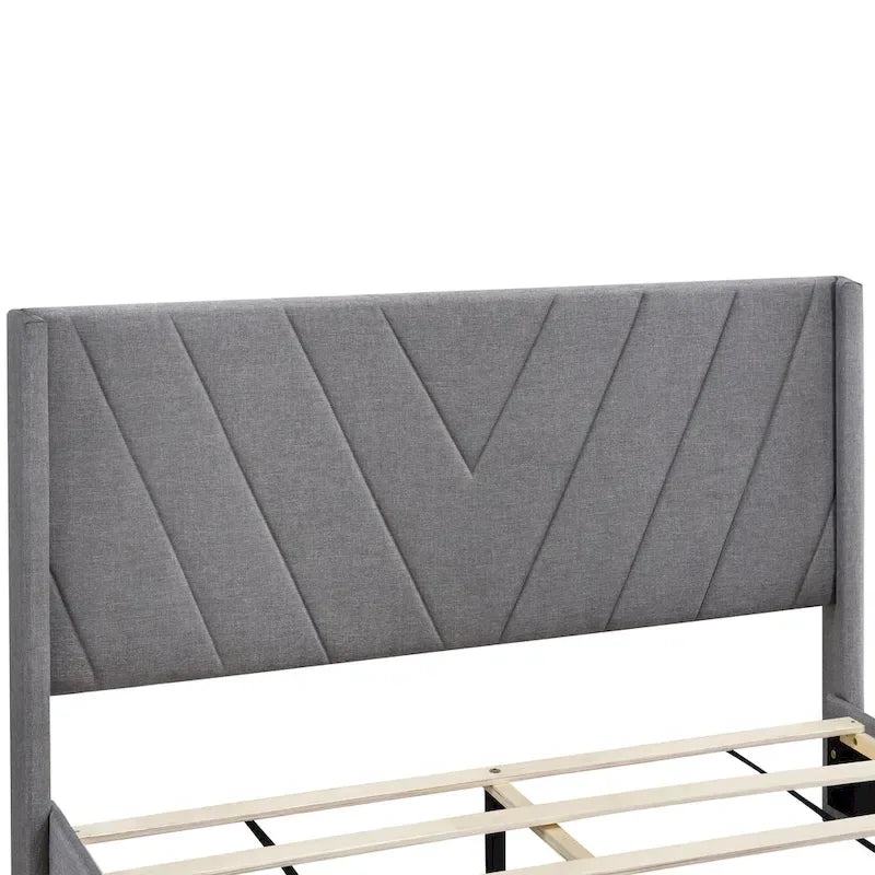 Queen Linen Upholstered Platform Bed with Padded Headboard