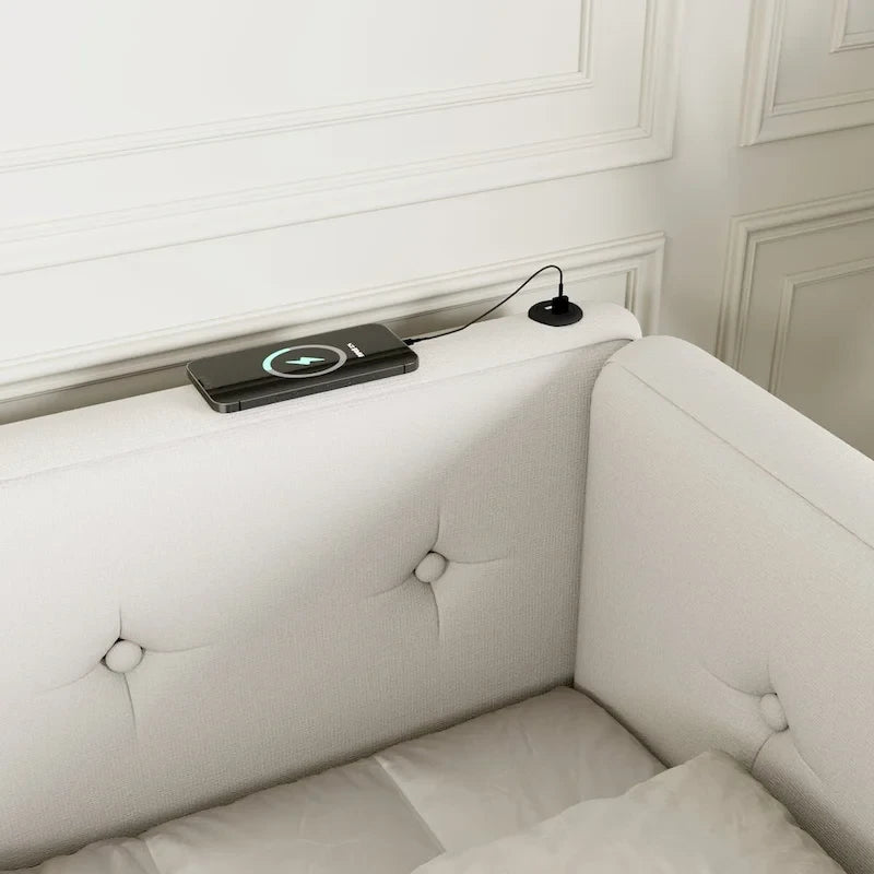 Beige Upholstered Queen Platform Bed with USB Ports