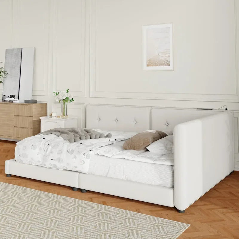 Beige Upholstered Queen Platform Bed with USB Ports