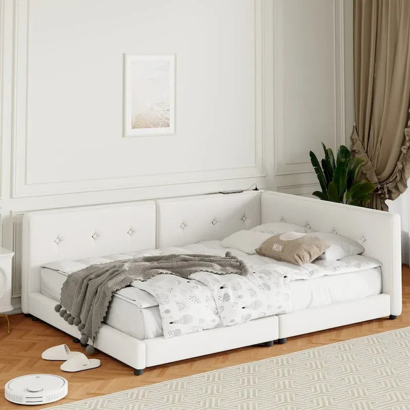 Beige Upholstered Queen Platform Bed with USB Ports