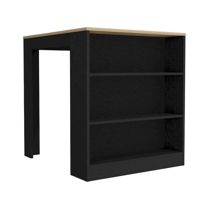 Black and Pine Kitchen Counter Table with Open Shelves