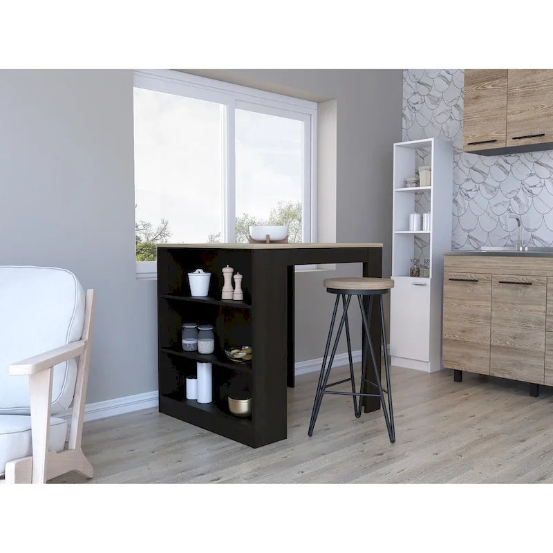 Black and Pine Kitchen Counter Table with Open Shelves