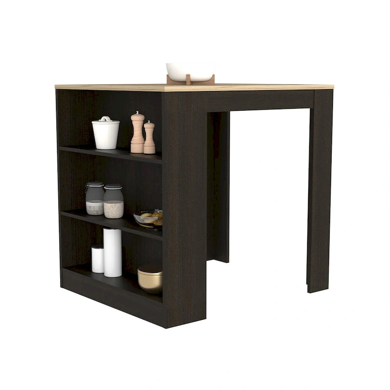 Black and Pine Kitchen Counter Table with Open Shelves