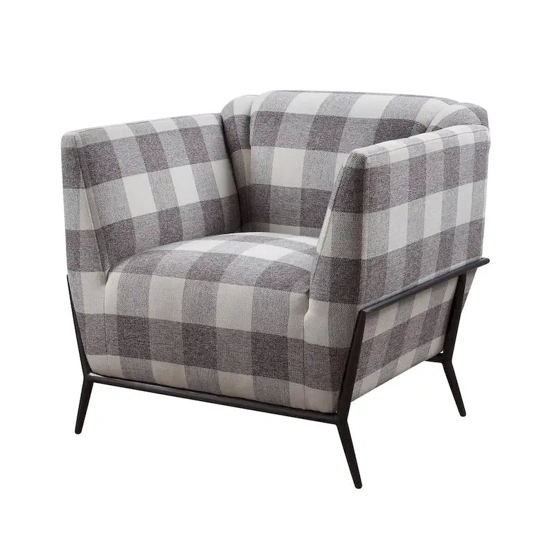 Plaid Accent Chair with Flared Arms and Black Metal Legs