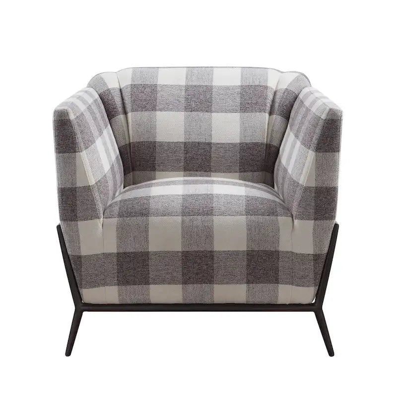 Plaid Accent Chair with Flared Arms and Black Metal Legs