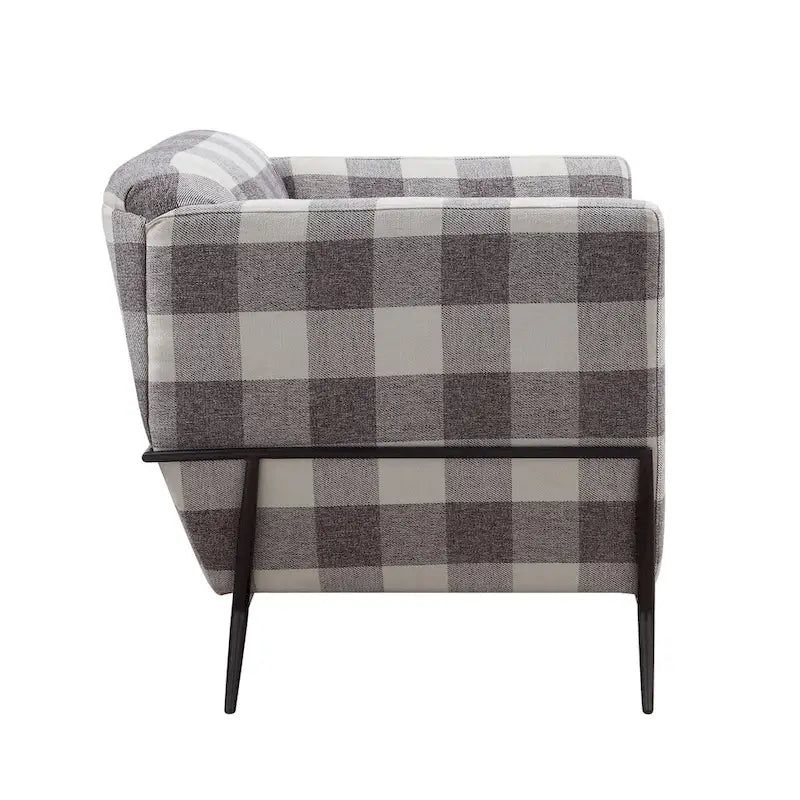 Plaid Accent Chair with Flared Arms and Black Metal Legs