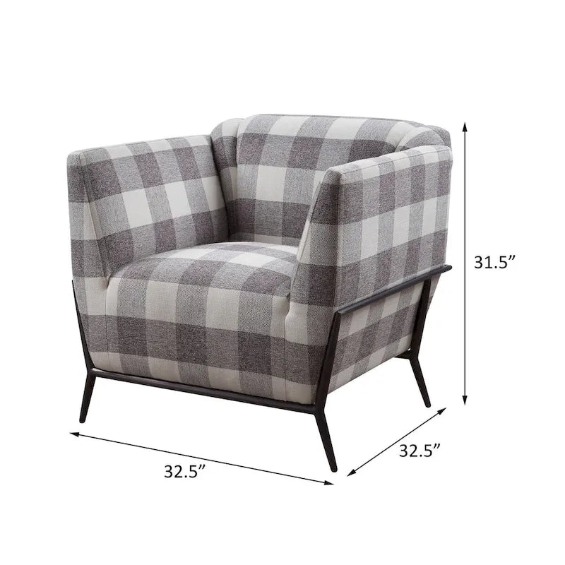 Plaid Accent Chair with Flared Arms and Black Metal Legs
