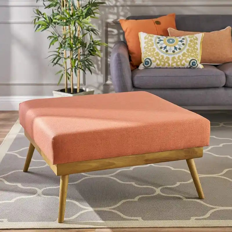 Coral Mid-Century Square Ottoman with Rubberwood Legs