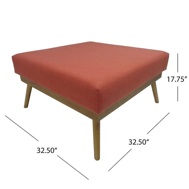 Coral Mid-Century Square Ottoman with Rubberwood Legs