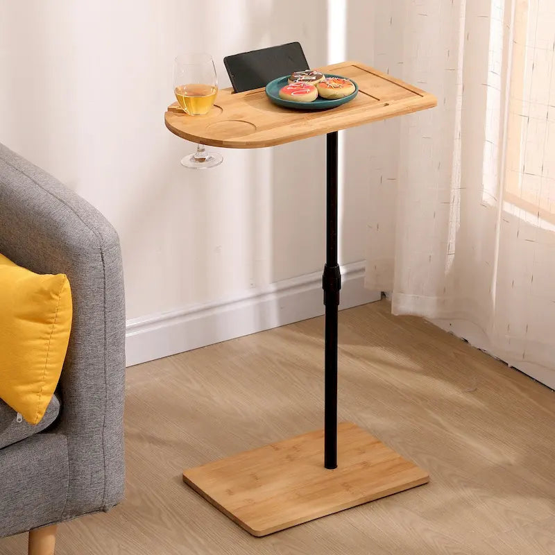 Adjustable-Height Bamboo C-Shaped Side Table with Storage