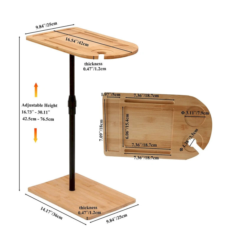 Adjustable-Height Bamboo C-Shaped Side Table with Storage