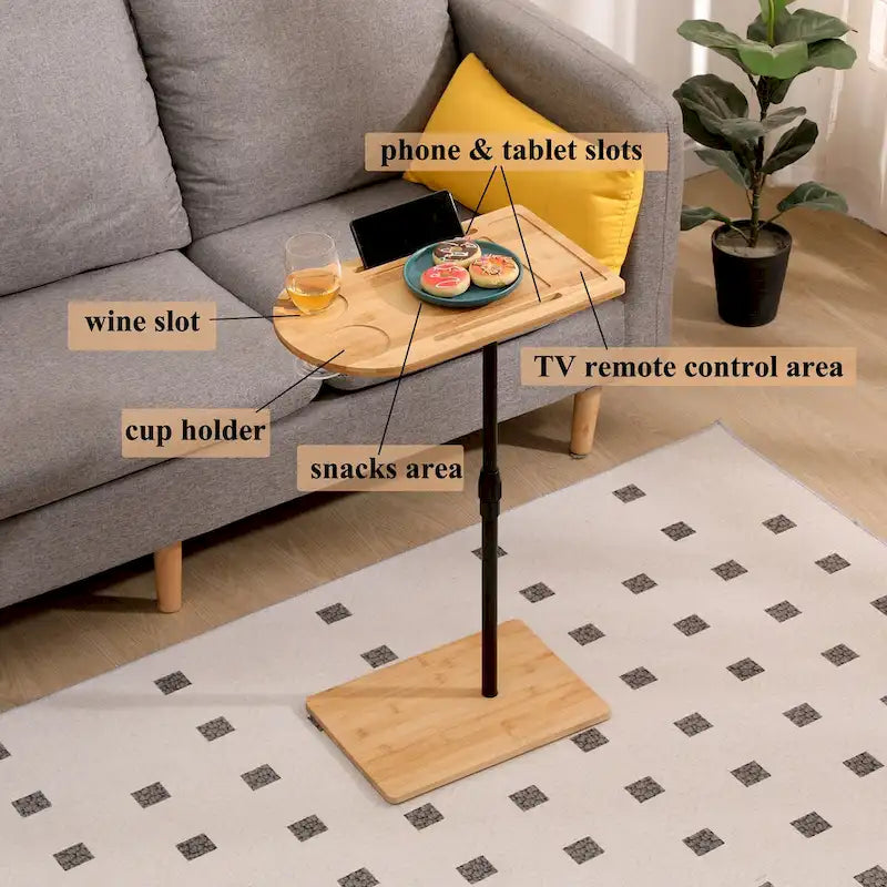 Adjustable-Height Bamboo C-Shaped Side Table with Storage
