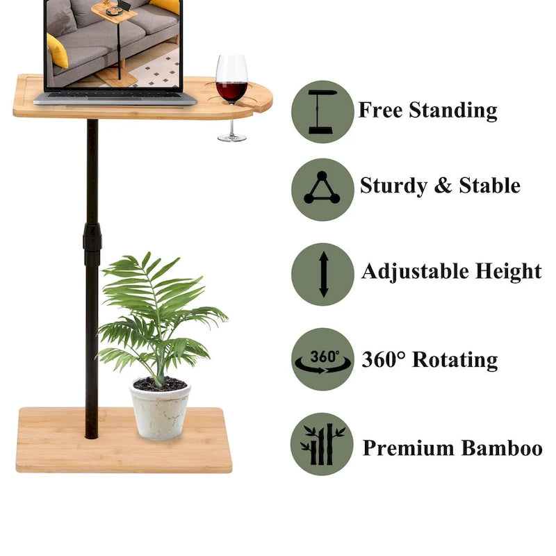 Adjustable-Height Bamboo C-Shaped Side Table with Storage