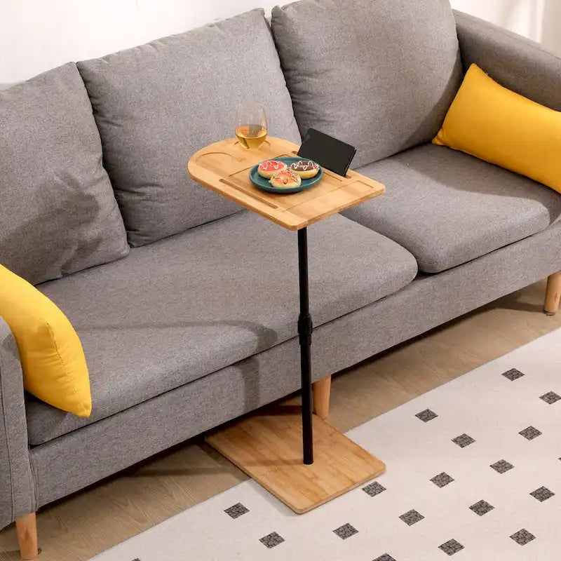 Adjustable-Height Bamboo C-Shaped Side Table with Storage
