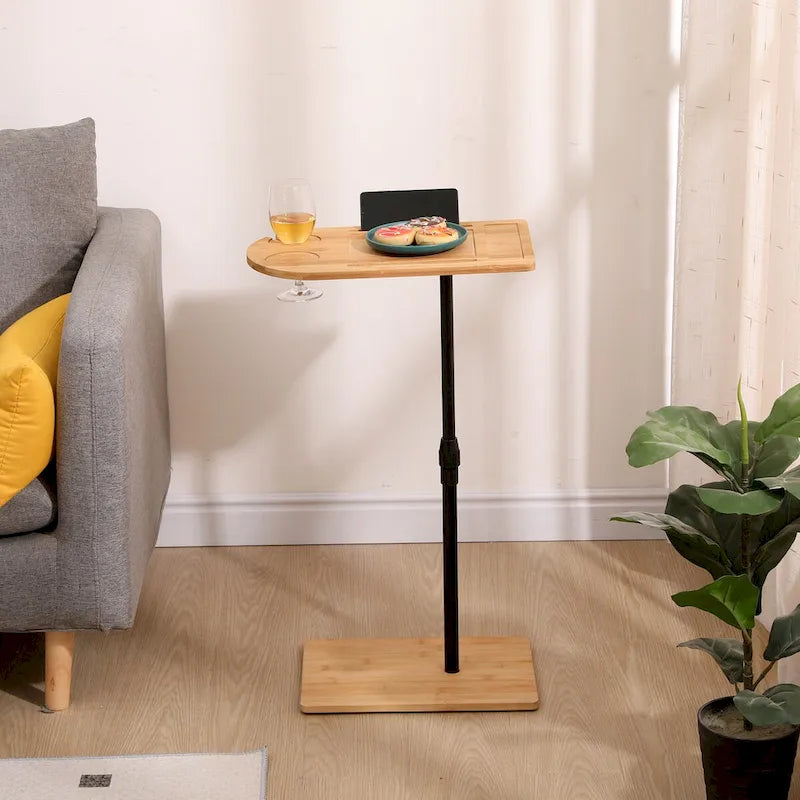 Adjustable-Height Bamboo C-Shaped Side Table with Storage